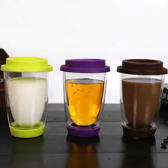 Handmade Double Wall Heat Resistant Borosilicate Glass Reusable Coffee Mug Travel Coffee Mug with BPA Free Silicone Lid 