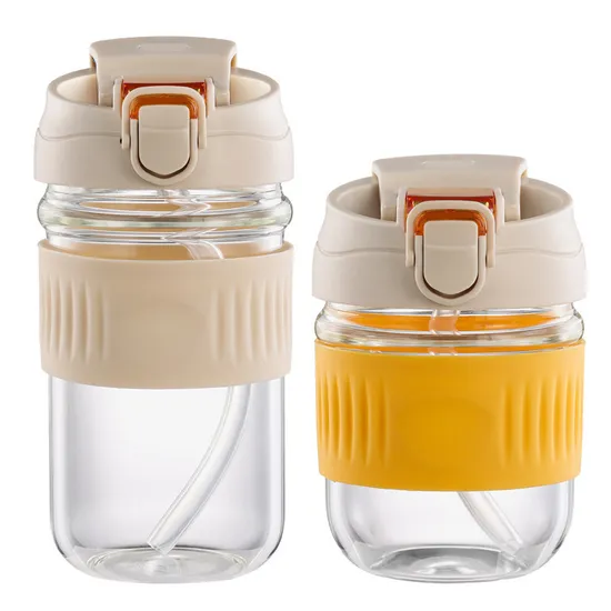 Reusable Silicone Sleeve Glass Tumbler Iced Coffee Cup Portable Travel Water Glass Mug with Lid 