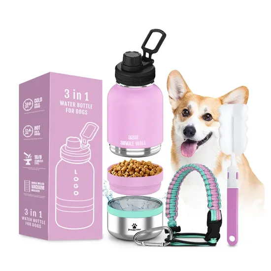 3 in 1 Single Wall Stainless Steel Pet Water Bottle Pet Travel Water Feeder Bottle 