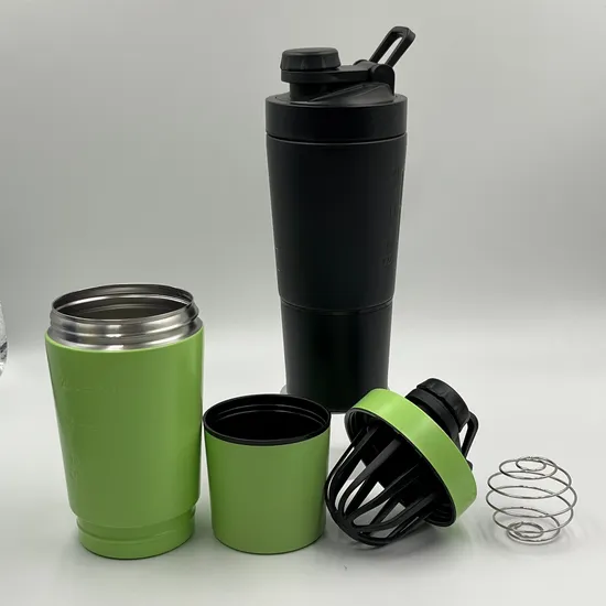 Eco Friendly 600ml Food Grade Stainless Steel Single Wall Sports Protein Shaker Water Bottle with 200ml Storage Bottom 